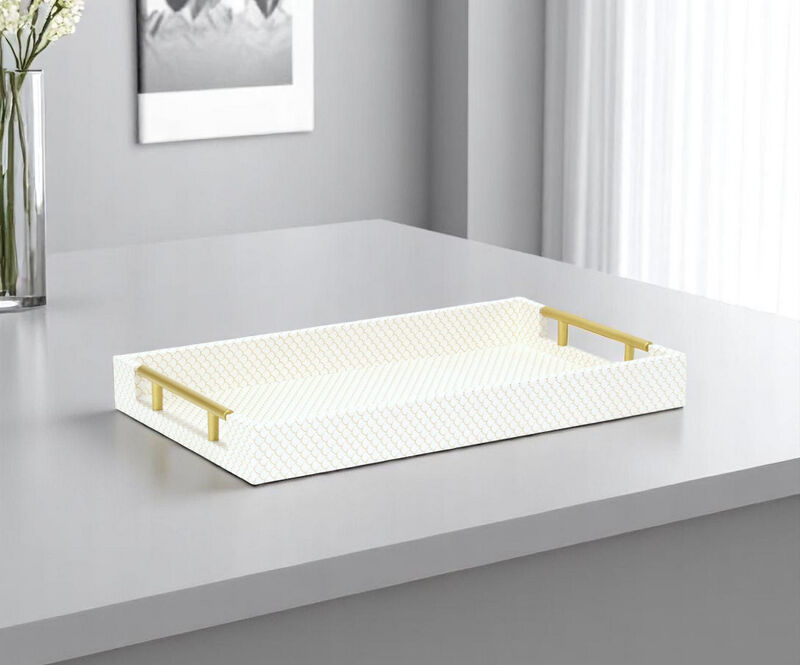 HomeRoots 16" Ivory And Gold Geometric Print Handmade Serving Tray With Handles image number 1