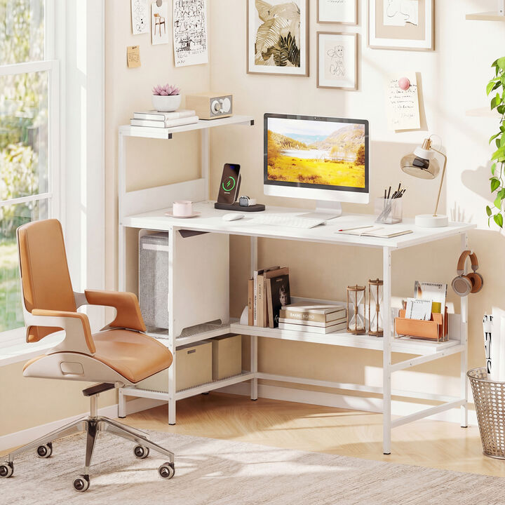 Computer Desk with Built In Power Outlets and Shelves for Home Office