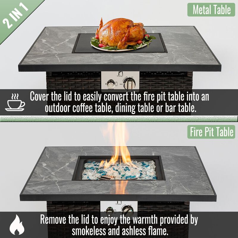 30" Propane Gas Fire Pit Table, 50000 BTU Square Fire Pit, Tile Tabletop with Wicker Base
