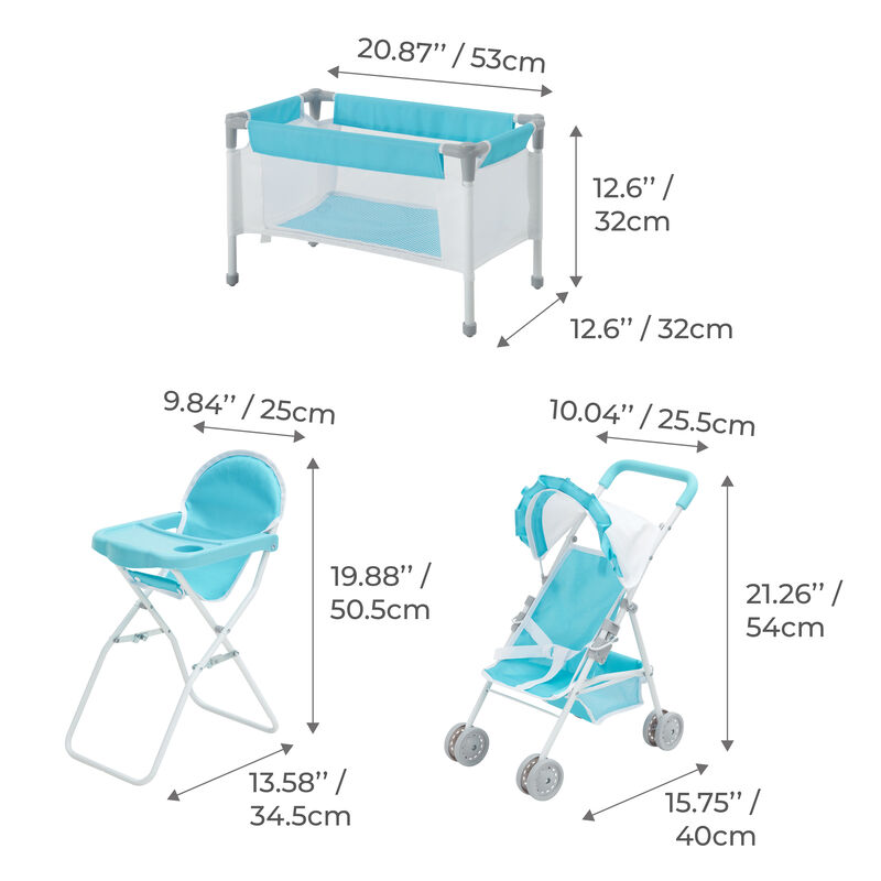 Olivia's Little World Baby Doll 3pc Nursery Set - Crib, High Chair & Stroller, Blue & White image number 2