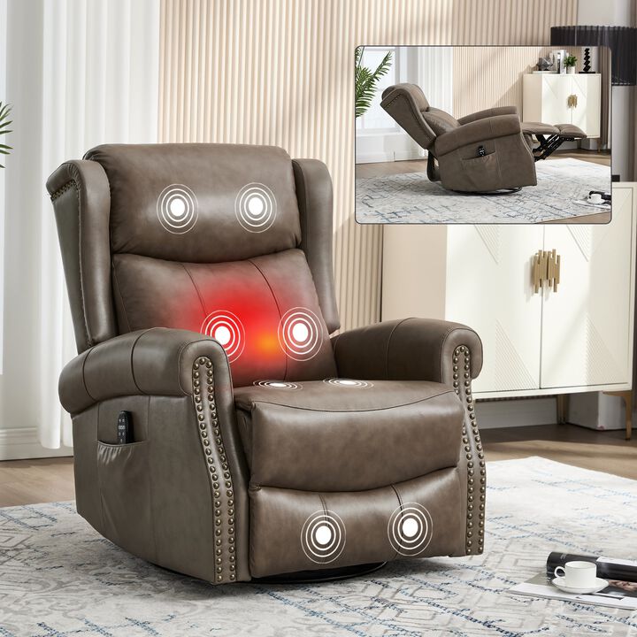 Genuine leather Heat Massage Manual Recliner Chair with Rocker and Swivel for Living Room