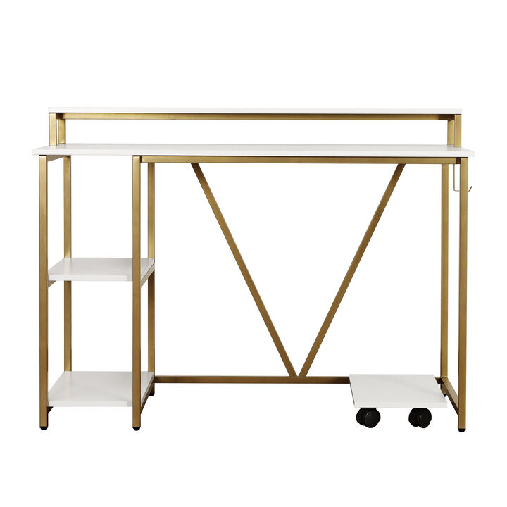 HomeRoots 47" White and Gold Wood and Steel Pedestal Computer Desk