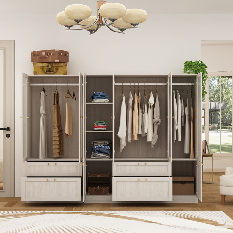 FUFU&GAGA Modern White Wardrobe with Frosted Glass Doors, Gold Accents, 4 Drawers, and Hanging Rail &ndash; Customizable L-Shape/U-Shape Closet System, (94.5" L x 19.9" W x 70.9" H),White