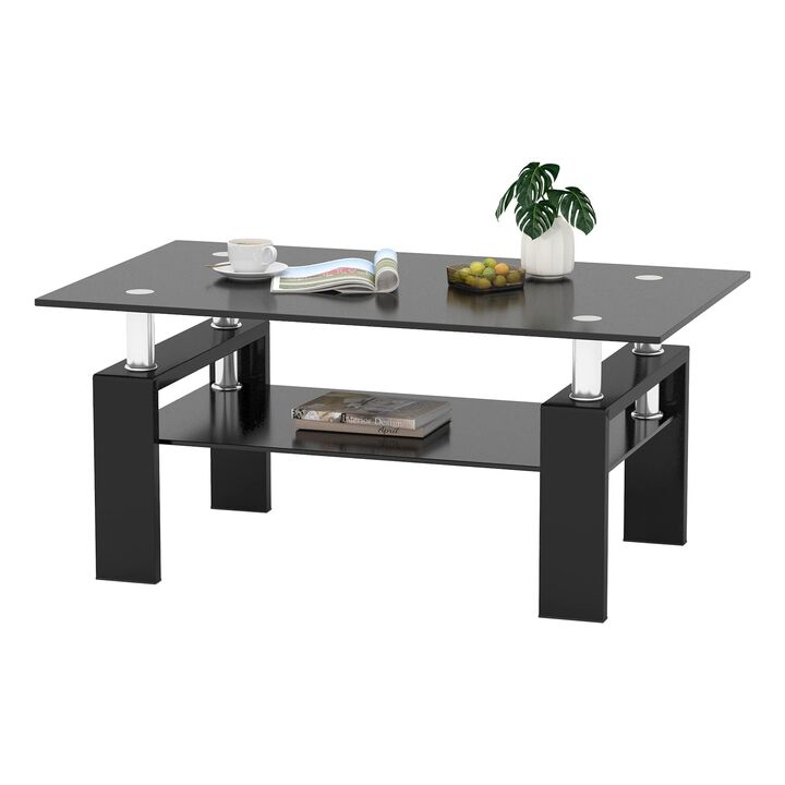 IANIYA Rectangle Tempered Glass Coffee Table Metal Tube Legs End Table for Livingroom (All Black)