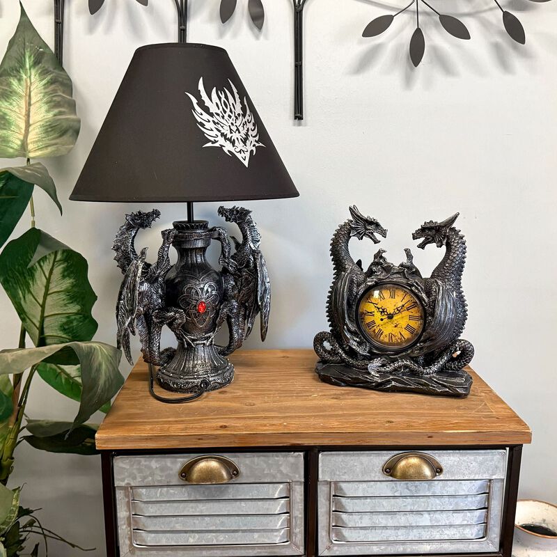 Twin Evil Dragons Antiqued Mantel Clock Table Desk image number 6