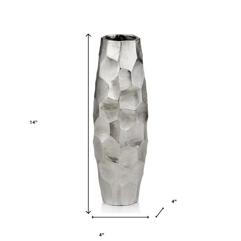 Hivvago 14 Inch Aluminum Silver Faceted Geometric Cylinder Table Vase