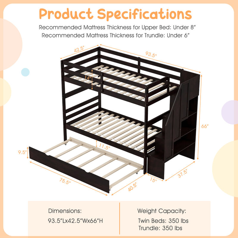 Home Wood Bunk Bed with Guard Rail and 4-step Storage Stairs No Box Spring Needed
