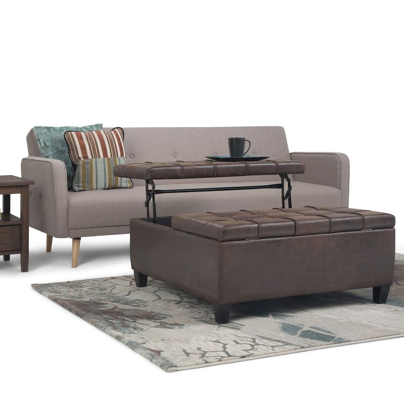 Simpli Home Harrison Coffee Table Storage Ottoman In Distressed Brown Vegan Faux Leather