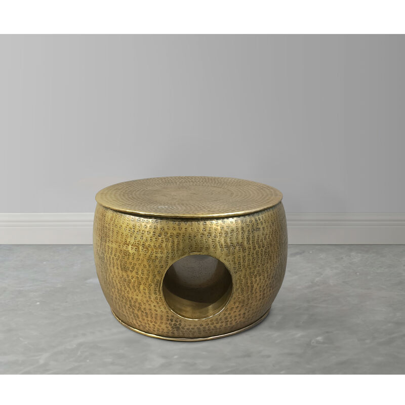 Nala 23 Inch Coffee Table, Low Round Drum Shape with Unique Hollow Center, Antique Brass Aluminum