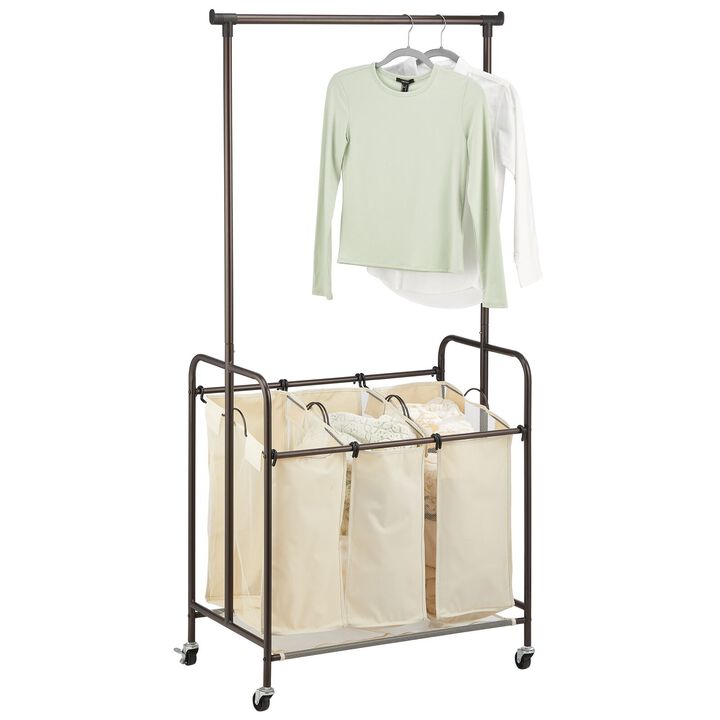 mDesign Portable Laundry Sorter with Wheels and Steel Hanging Bar - Bronze/Beige