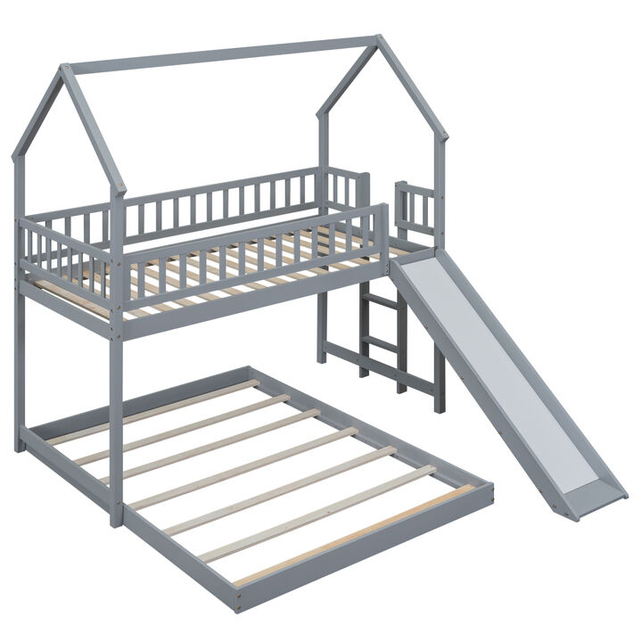 Twin Over Full House Bunk Bed With Slide And Built-In Ladder, Full-Length Guardrail