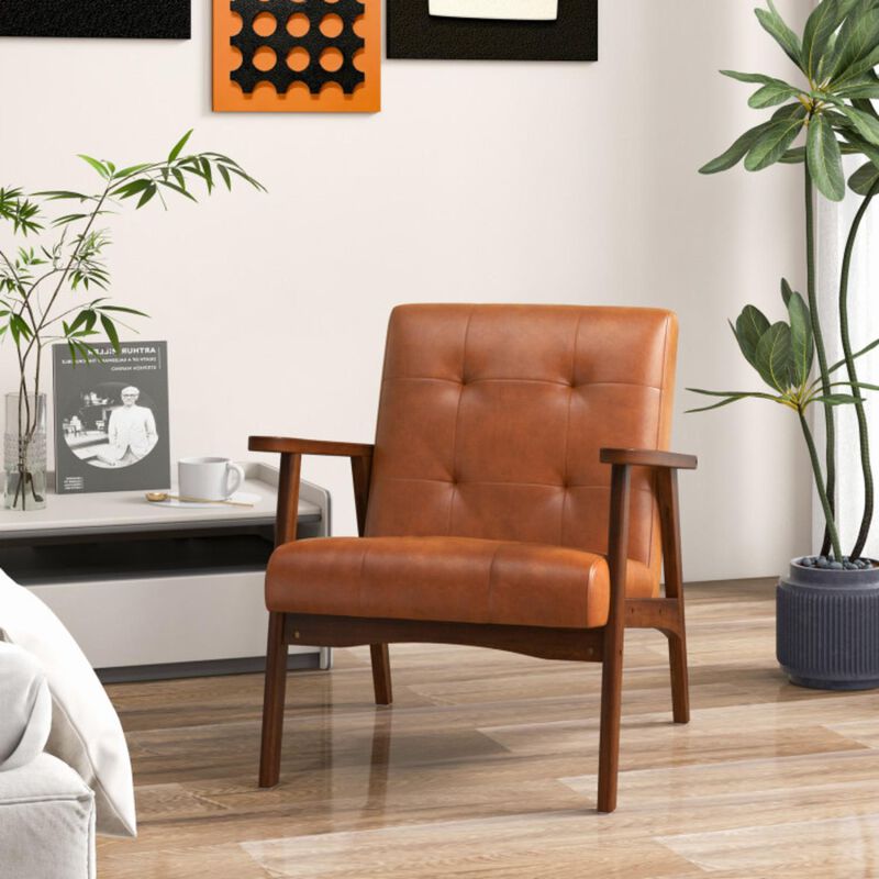 Hivvago Mid Century Modern Accent Chair with Solid Rubber Wood Frame and Leather Cover