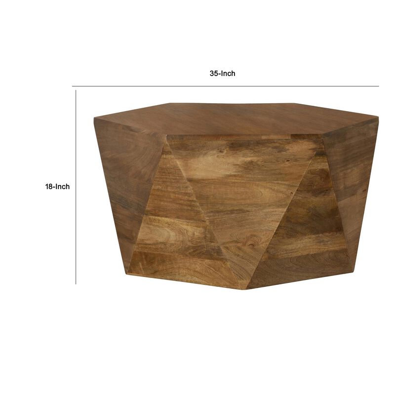 35 Inch Wood Drum Coffee Table, Artisan Hexagonal Rich Natural Brown Finish image number 4