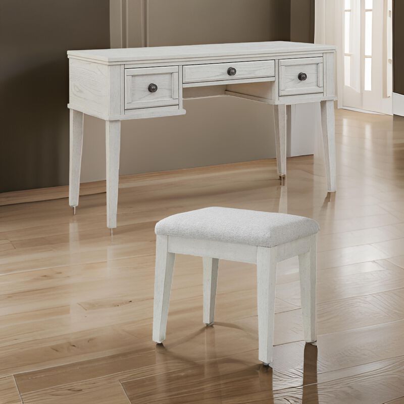 Lea Vanity Desk and Stool Set, 3 Gliding Drawers, Crisp White Wood image number 5
