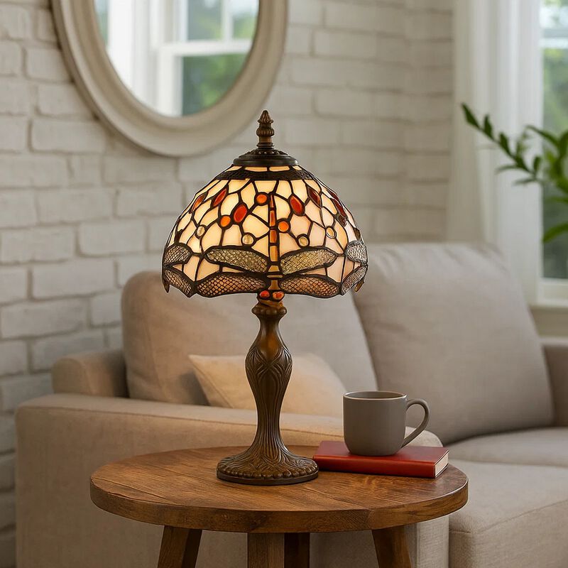Metal Body Tiffany Table Lamp with Dragonfly Design Shade, Multicolor image number 5