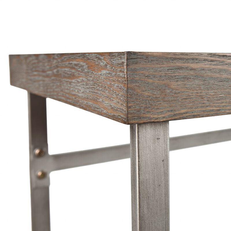HomeRoots 46" Gray Brown and Silver Wood and Metal Distressed Sled Console Table image number 2