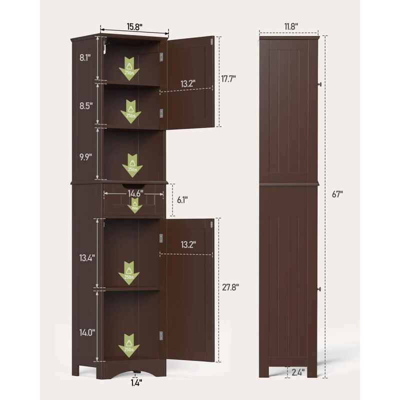 Hivvago Dark Brown Bathroom Linen Cabinet Tower with 2 Doors Storage Drawer and Shelf