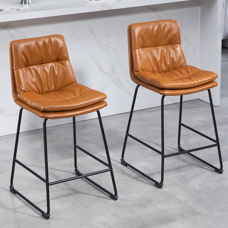 Glamour Home Set of 2 Bauer Brown Faux Leather Counter Stool with Black Iron Legs