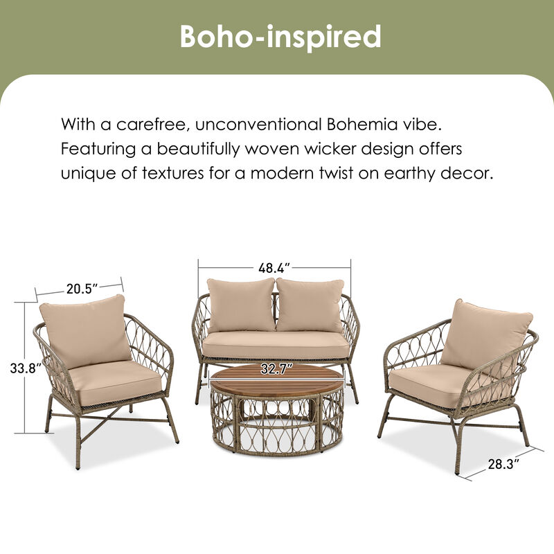 Whisen Bohemia-inspired Outdoor Seating Group With Removable Cushions, Conversation Patio Set With Wood Tabletop