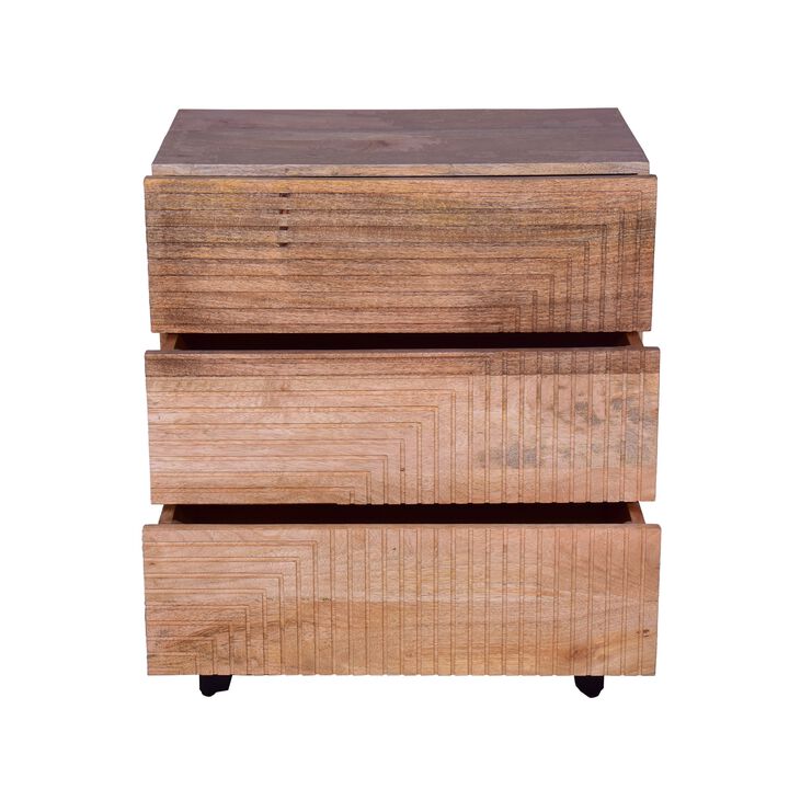 Kai 30.5 Inch Mango Wood Chest Cabinet with 3 Drawers and Embossed Geometric Design, Natural Brown-Benzara