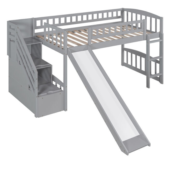 Stairway Twin Size Loft Bed with Two Drawers and Slide, White