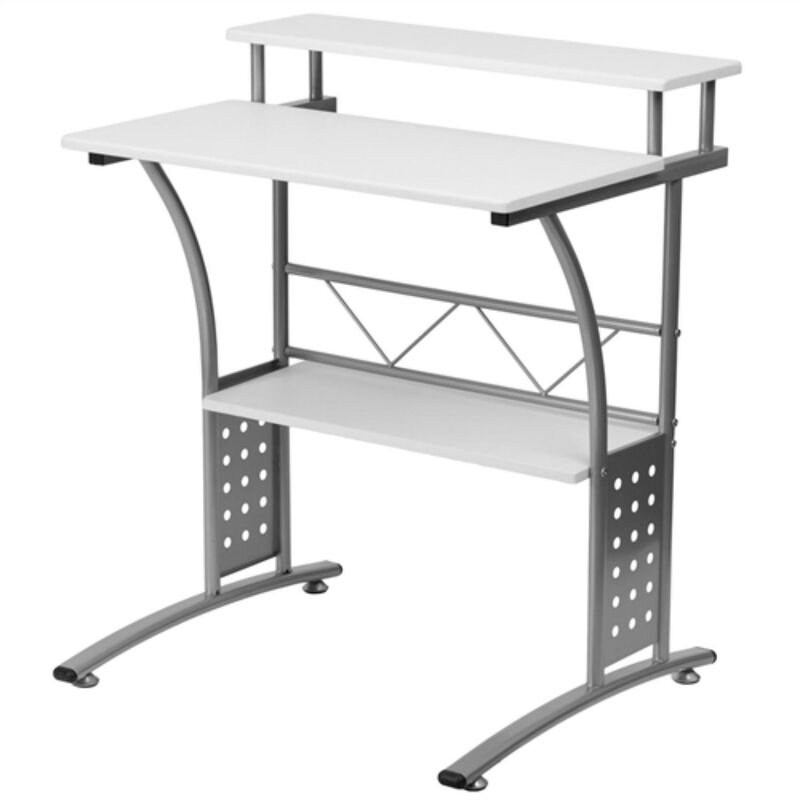 Hivvago Modern Metal Frame Computer Desk with White Laminate Top and Raised Shelf