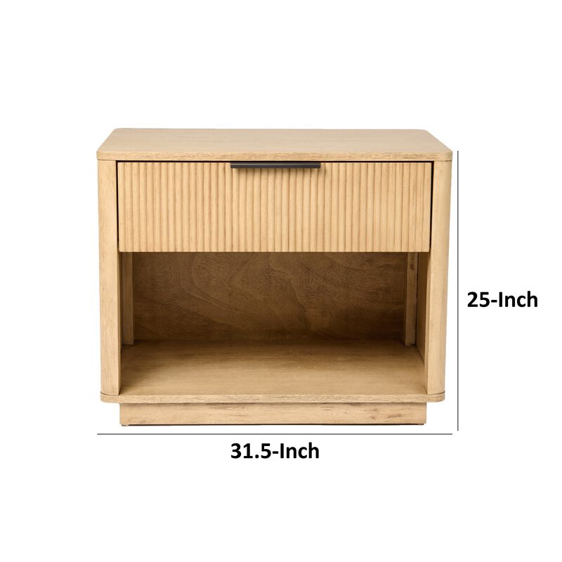 Noe Celia 32 Inch Nightstand, 1 Drawer, Shelf, Metal, Natural Solid Wood - Benzara