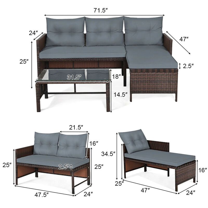 Mondawe 3 Pieces Outdoor Patio Corner Rattan Sofa Set