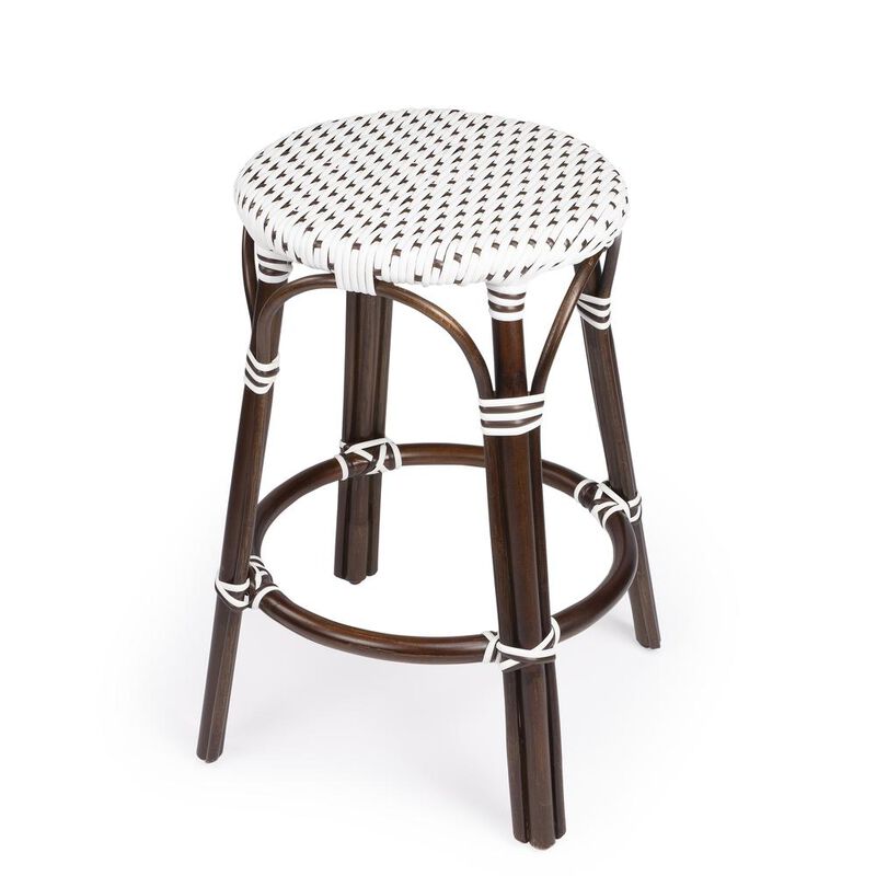 Butler Specialty Tobias Rattan Round 24 Counter Stool, White and Brown Dot