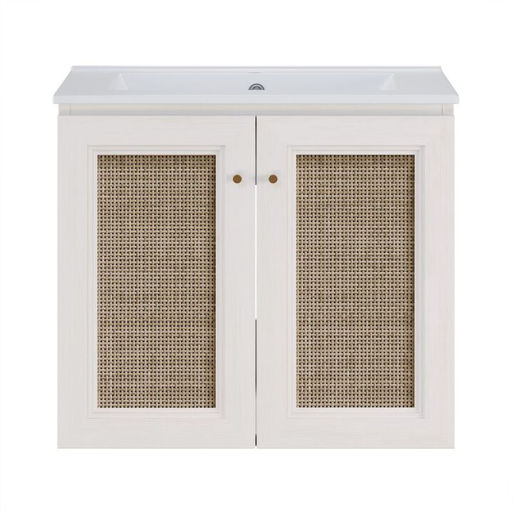 24" Wall-Mounted Bathroom Vanity in White Oak with Single Faucet Hole Vanity Top