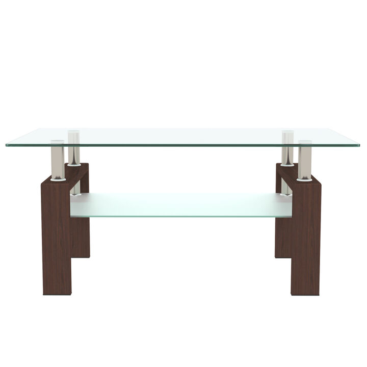 Rectangle Walnut Glass Coffee Table, Clear Coffee Table，Modern Side Center Tables for Living Room， Living Room Furniture