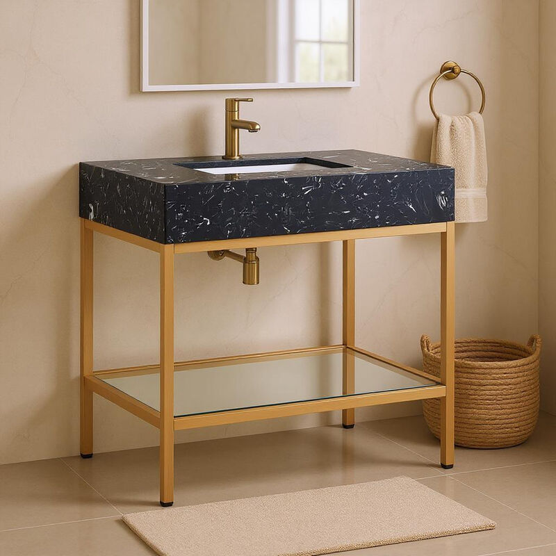 Meridian Furniture Marmo Black Engineered Marble Bathroom Vanity image number 1
