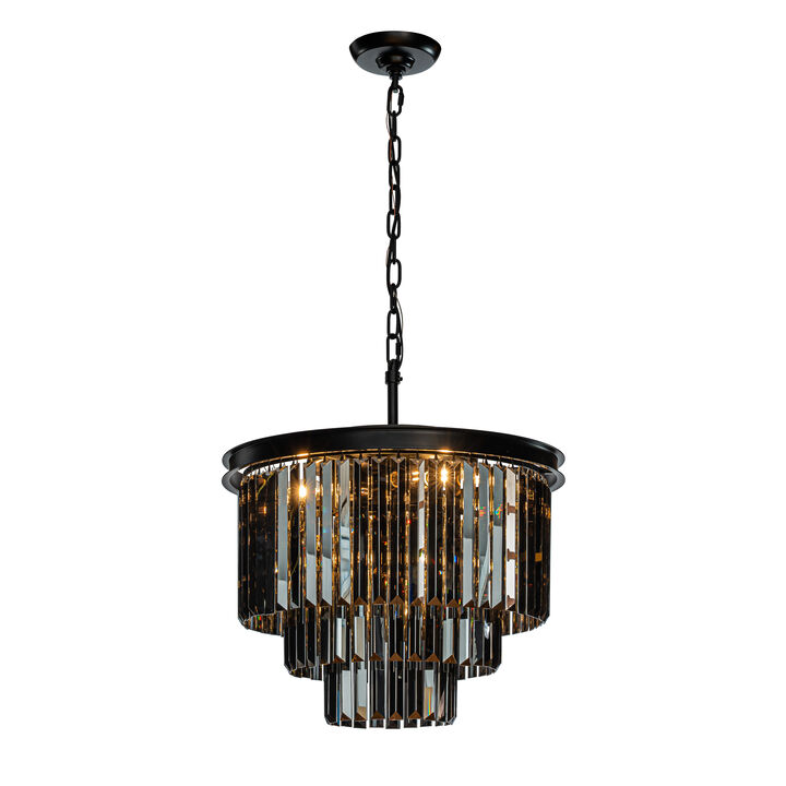 6-Lights Modern Matte Black 3-Tier Round Fringe Chandelier with Smoke Crystal Accent