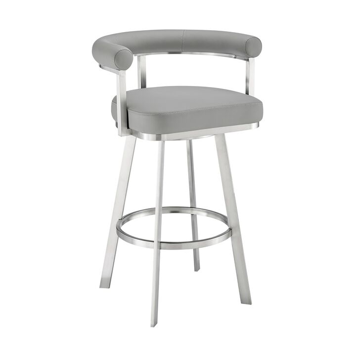 Weni 30 Inch Swivel Barstool Chair, Barrel Open Back, Light Gray, Steel - Benzara