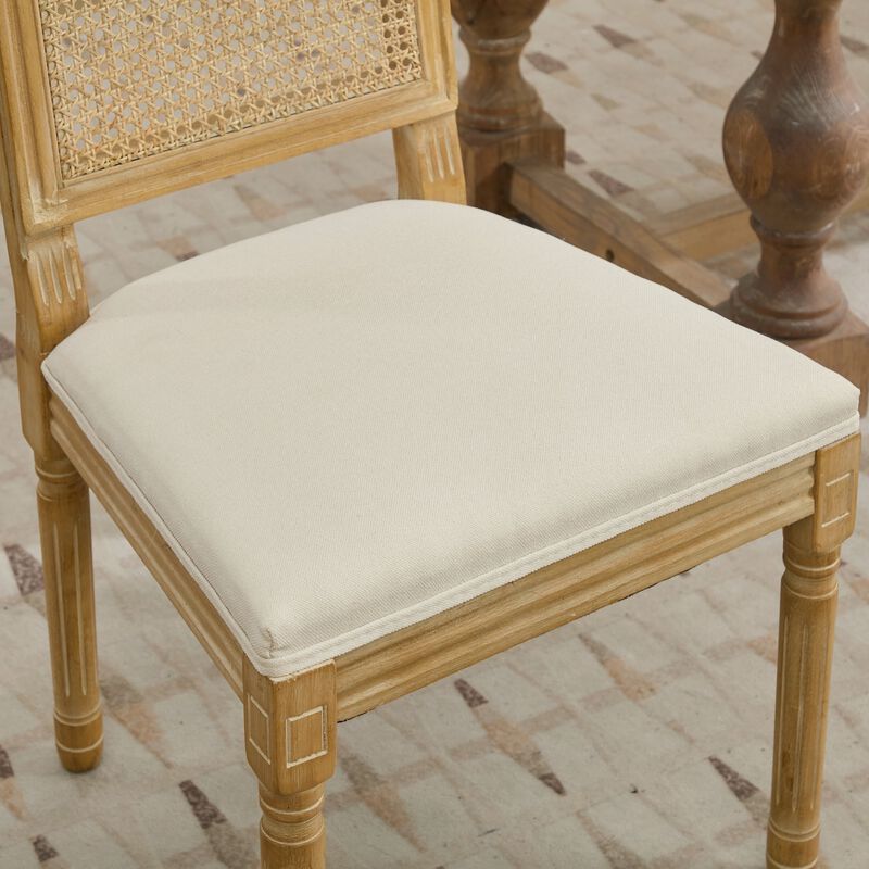Whisen French Dining Chairs Set of 2, Solid Rubberwood Frame with Linen Upholstery and Rattan Back, for Living Room Kitchen Restaurant image number 8