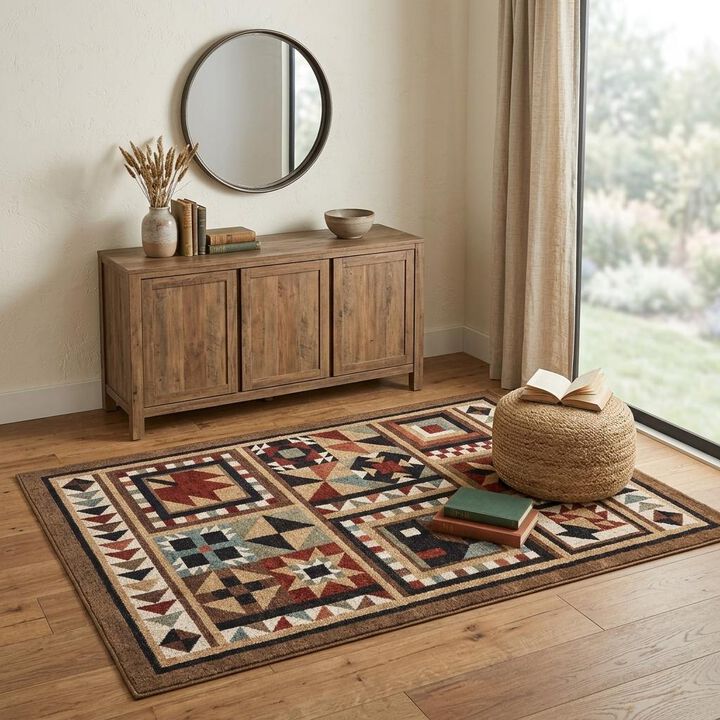 HomeRoots 2' X 3' Brown And Red Ikat Patchwork Scatter Rug