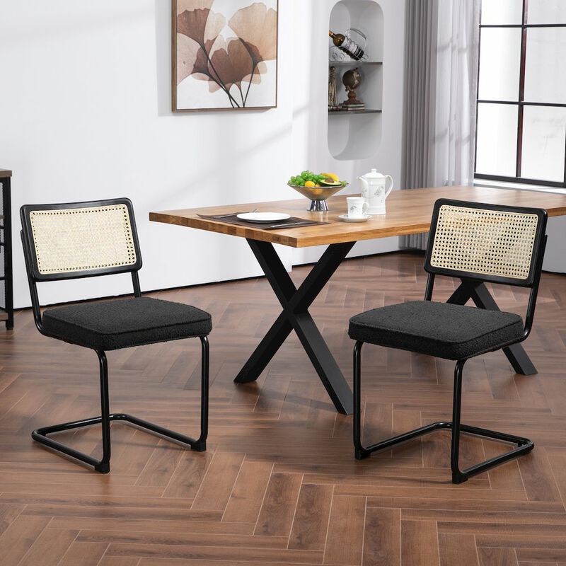 Glamour Home Set of 2 Black Boucle Fabric Dining Chair Rattan Backrest and Black Iron Legs