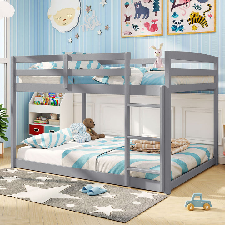 Grey Full Over Full Low Bunk Bed, Space-Saving Kids Bunk Bed
