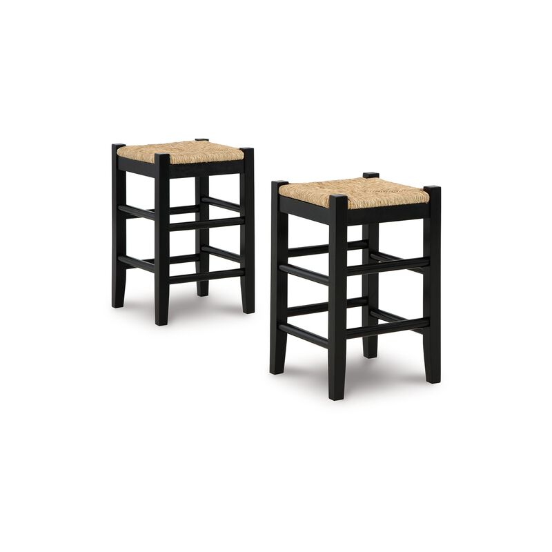 Anya Counter Height Stool Set of 2, Brown Woven Seat, 23 Inch, Black - Benzara