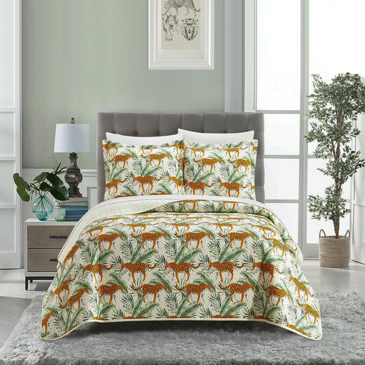 NY&C Home Wild Safari 3 Piece Quilt Set Big Cat Jungle Themed Pattern Print Bedding - Pillow Shams Included, King