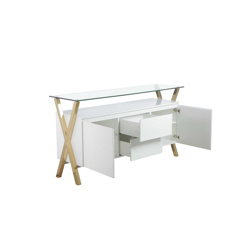Tia Sideboard Buffet Console, 63 Inch Glass Top, White Lacquer, Gold - Benzara