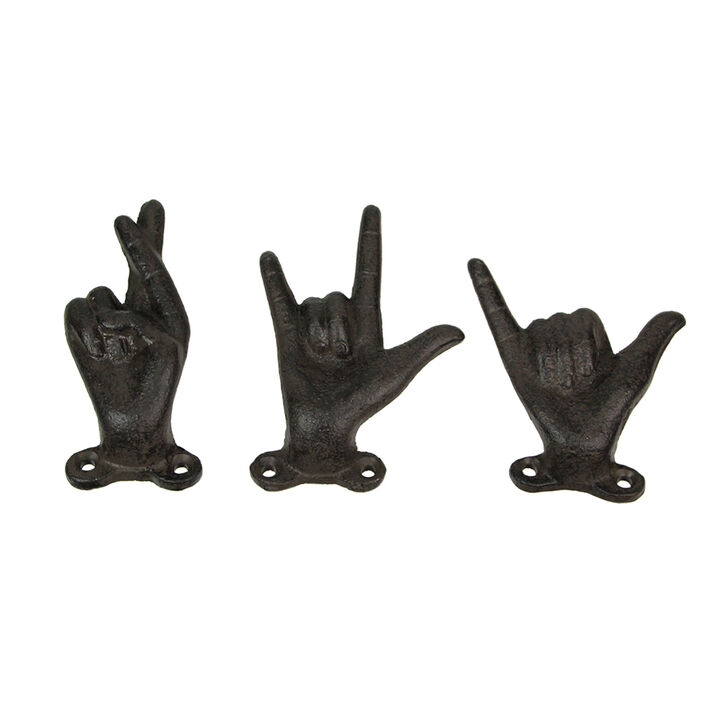 Set of 3 Brown Cast Iron Hand Gesture Wall Hooks