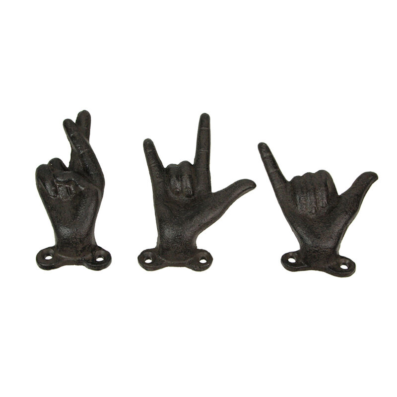 Set of 3 Brown Cast Iron Hand Gesture Wall Hooks image number 0