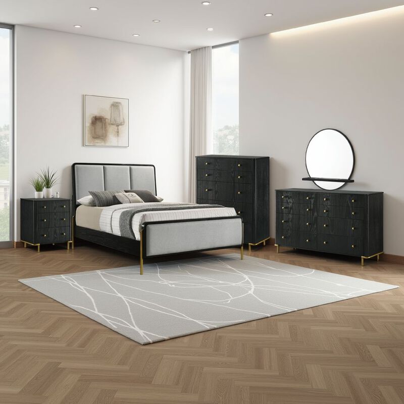 Fij 5pc Queen Bedroom Set, Dresser Chest, Padded Gray Upholstery Black