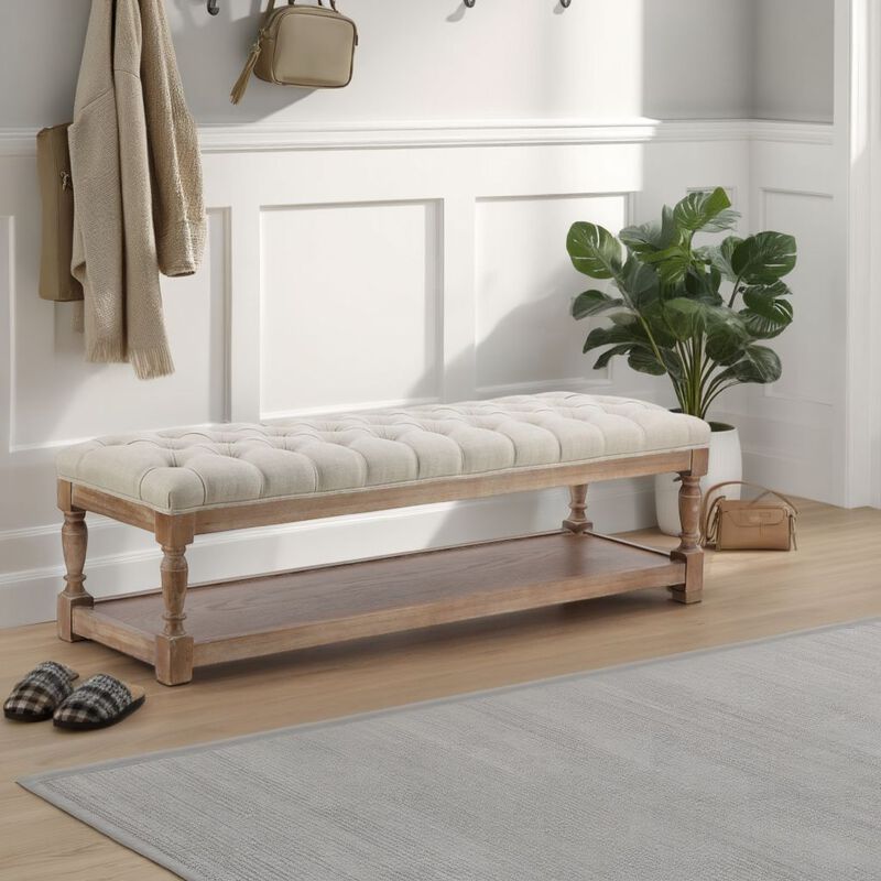 Xena Bench, 59 Inch Tufted Padded White Linen Top, Solid Wood Base