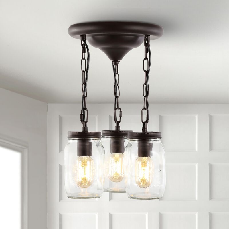 Gaines 3-Light Farmhouse Industrial Iron Mason Jar LED Semi Flush Mount