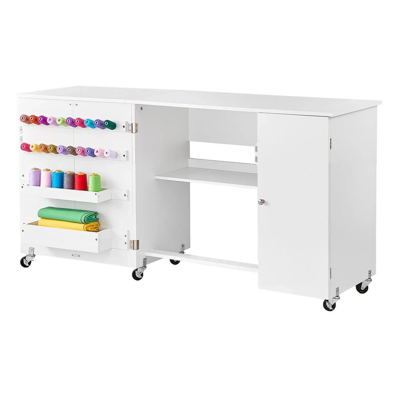 Folding Sewing Table with Cabinet, Wheels, Storage Shelf and Craft Station - White image number 1