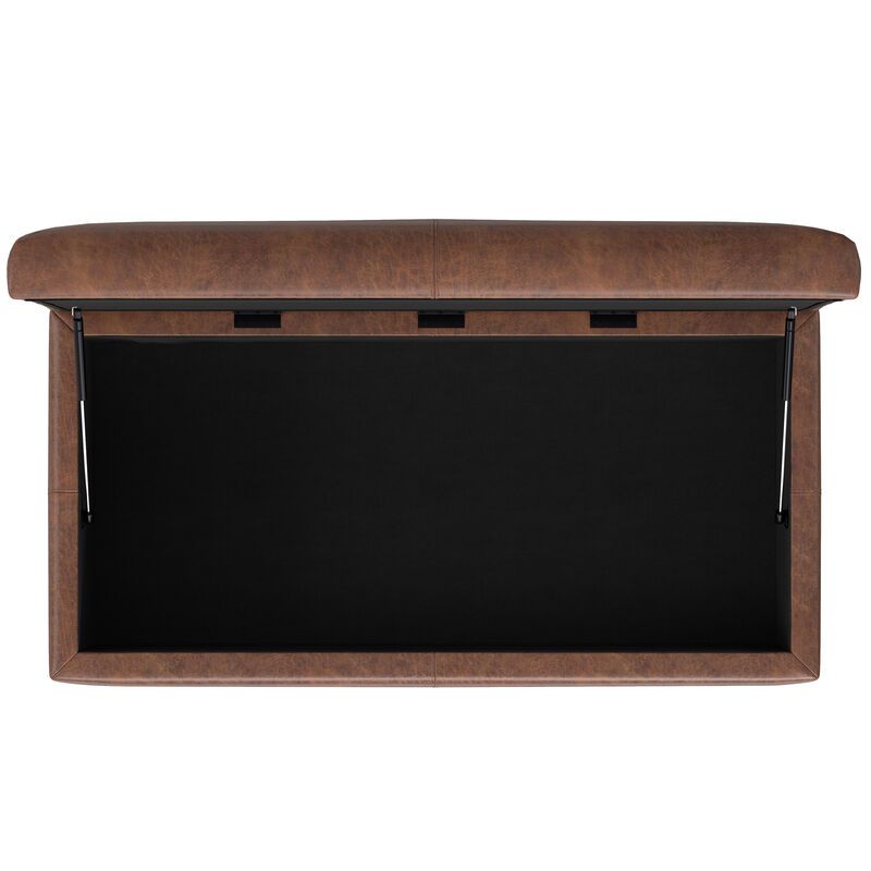 Gabbie 48 inch Wide Contemporary Rectangle Rectangular Storage Ottoman in Distressed Saddle Brown Vegan Faux Leather, Assembled