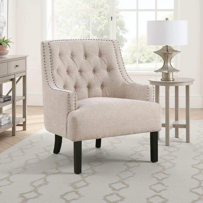 Daisie Accent Armchair, Button Tufted Beige Chenille, Solid Wood