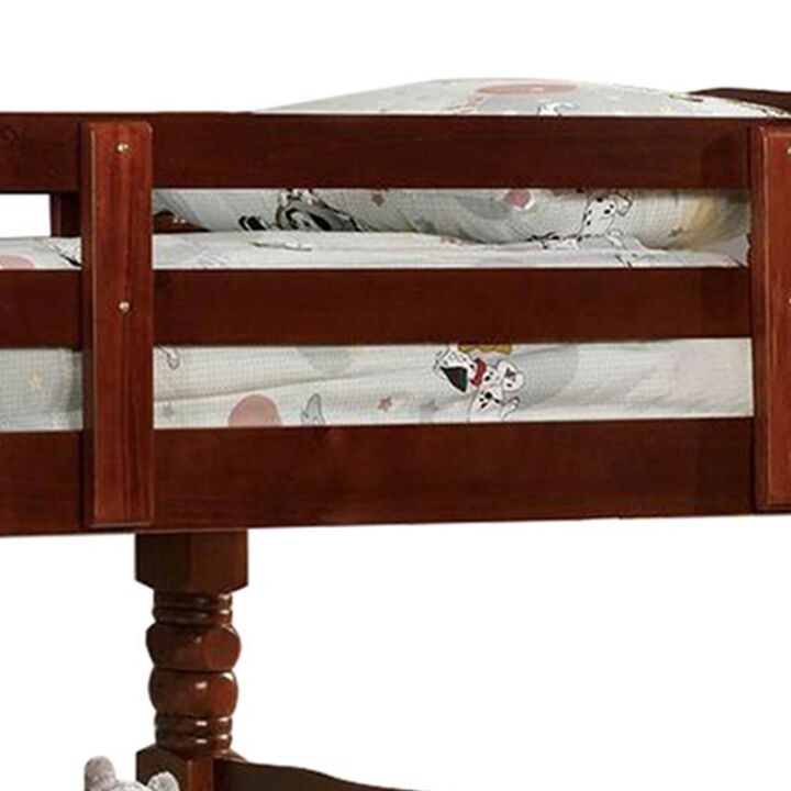 Wooden Twin over Twin Bunk Bed with Bobbin Motif Spindles, Brown-Benzara